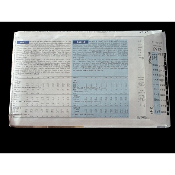 1995 Butterick Dress Jacket Pattern 4233/120 Size 12-14-16 Uncut Vintage Fabric - Picture 2 of 3